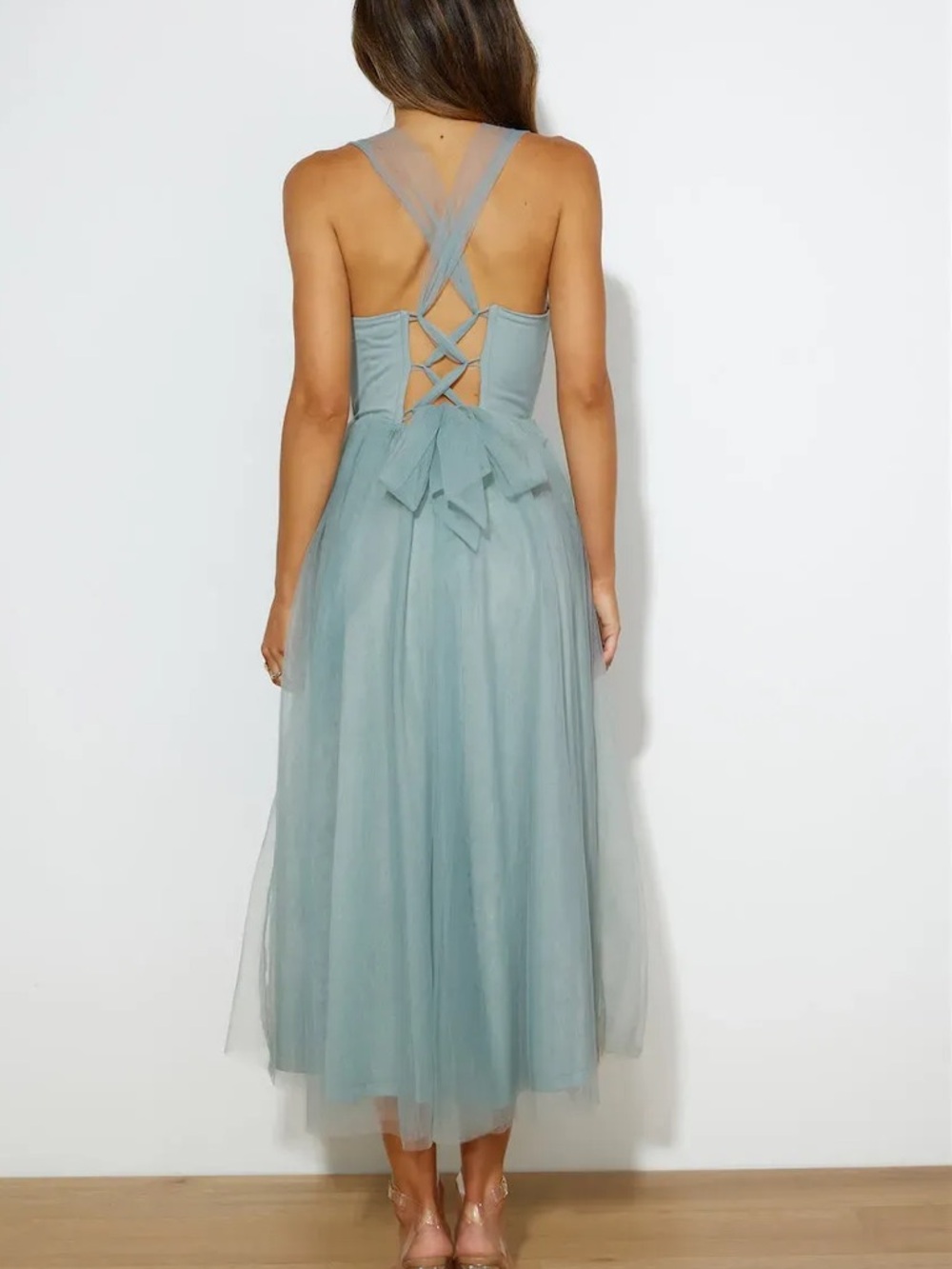 JardinVue Blue Chiffon Corset Lace-Up Midi Dress Large - Picture 2 of 16